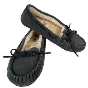 Minnetonka Leather Cally Moccasins Dark Gray Suede Plush Pile Lining Size 7